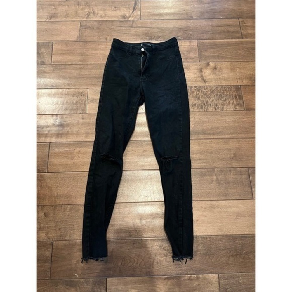 Zara Black Distressed High Rise Skinny Jeans Ripped Knee Raw Hem Size 4‎